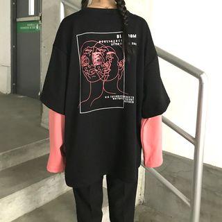 Paneled Long-sleeve Printed T-shirt Black - One Size