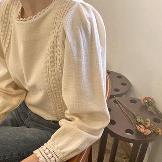 Round-neck Lace-trim Top Cream - One Size