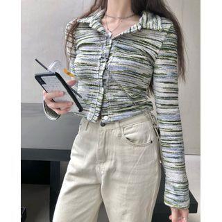 Long-sleeve Buttoned Knit Top Stripe - Green & Blue - One Size