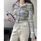 Long-sleeve Buttoned Knit Top Stripe - Green & Blue - One Size
