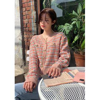 Plaid Tweed Metal-button Cardigan