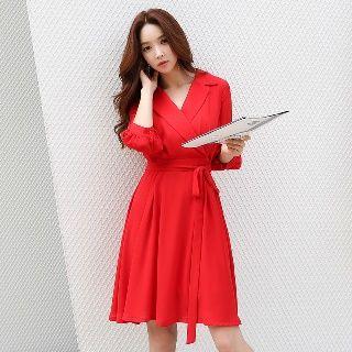 3/4-sleeve Tie-waist Lapel Dress