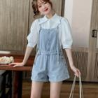 Puff Short-sleeve Shirt / Denim Jumper Shorts