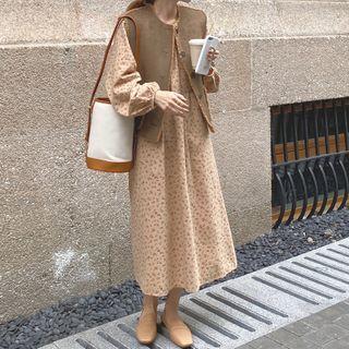 Floral Print Balloon-sleeve Midi A-line Dress / Single-breasted Fleece Vest