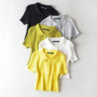 Short-sleeve Plain Knit Crop Polo Shirt