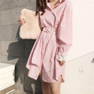 Lace Cuff Striped Long-sleeve Shirt Dress