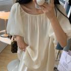 Puff-sleeve Midi A-line Dress Beige - One Size