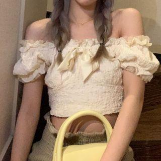 Short-sleeve Off Shoulder Top Top - Beige - One Size