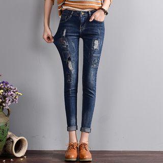 Slim-fit Distressed Applique Jeans