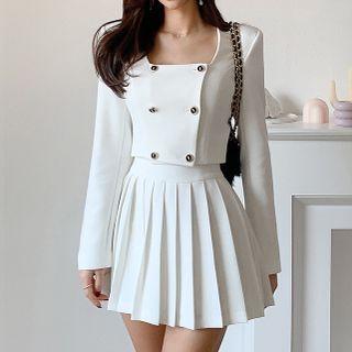 Set: Square-neck Double-breasted Blouse + Mini Pleated Skirt
