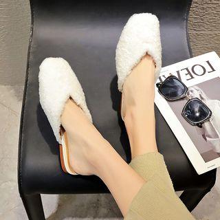 Fluffy Square Toe Block Heel Mules