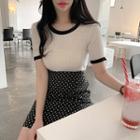 Short-sleeve Rib Knit Top / Dotted Mini Pencil Skirt