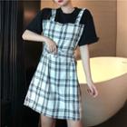 Mock Two Piece Short-sleeve Plaid Dress As Shown In Figure - One Size