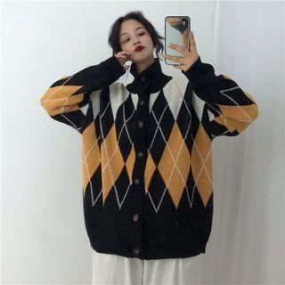 Diamond Patterned Collared Cardigan As Shown In Figure - One Size