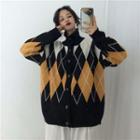Diamond Patterned Collared Cardigan As Shown In Figure - One Size