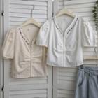 Small Flower Embroidered V-neck Short-sleeve Cropped Shirt Top
