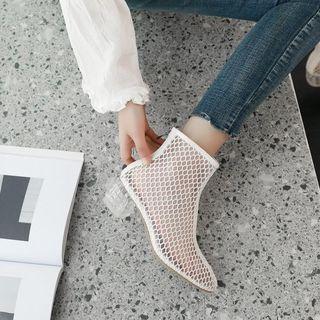 Pointed Mesh Block Heel Short Boots