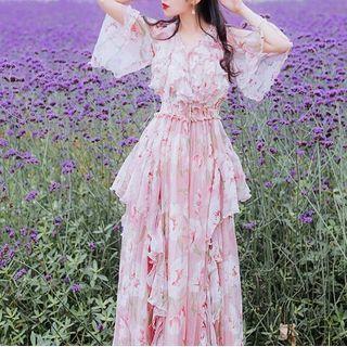 Elbow-sleeve Floral Print Ruffled Midi A-line Dress