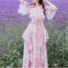 Elbow-sleeve Floral Print Ruffled Midi A-line Dress
