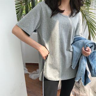 Plain Elbow-sleeve Slit T-shirt