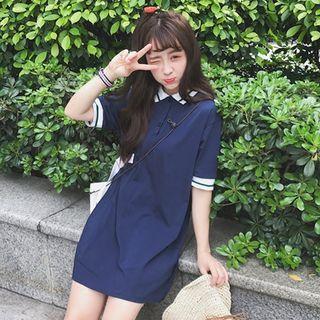 Lettering Elbow-sleeve Polo Shirt Dress