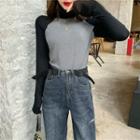 Turtle Neck Color Block Long-sleeve T-shirt Black & Gray - One Size