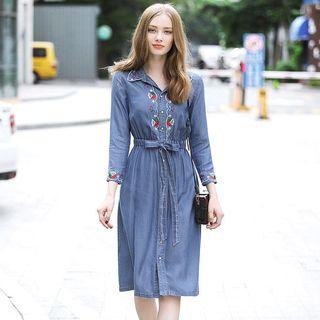 Embroidered Denim Long-sleeve Shirt Dress