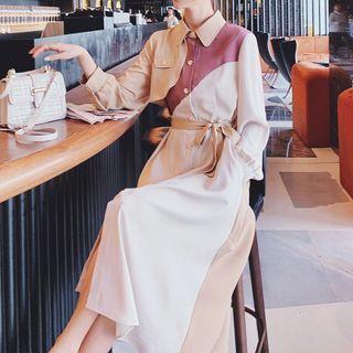 Long-sleeve Color Block Midi Shirt Dress