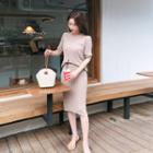 Set: Elbow-sleeve Cable-knit Top + Knit Skirt