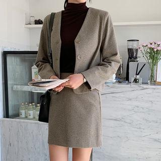 Set: Collarless Plaid Jacket + Mini Skirt