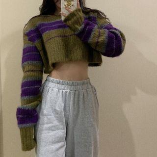 Striped Cropped Sweater Stripes - Purple & Khaki - One Size