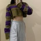 Striped Cropped Sweater Stripes - Purple & Khaki - One Size