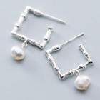 925 Sterling Silver Bamboo Square Faux Pearl Dangle Earring 1 Pair - S925 Sterling Silver - One Size
