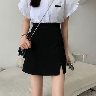 Plain High-waist A-line Skirt / Slit-hem A-line Skirt