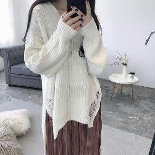 Plain Distressed Loose-fit Sweater