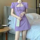 Short-sleeve Shirred Cutout Mini A-line Dress