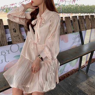 Long-sleeve Tie-neck A-line Dress As Shown In Figure - One Size