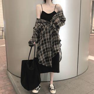 Plaid Long-sleeve Loose-fit Long Shirt / Plain Sleeveless Dress