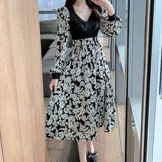 Velvet Panel Floral Print Chiffon Dress