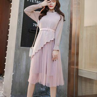 Set: Knit Vest + Long-sleeve Sheer Panel Midi Dress