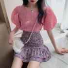 Puff Short-sleeve Top / Floral A-line Skirt