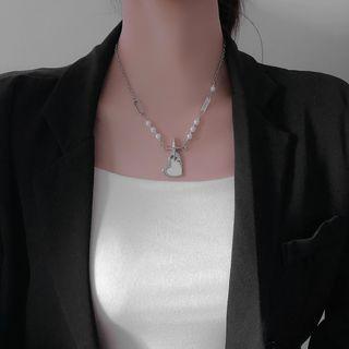 Heart Pendant Faux Pearl Stainless Steel Necklace Heart Necklace - Silver - One Size