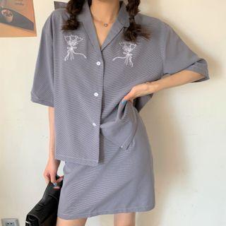 Set: Short-sleeve Floral Embroidery Shirt + Mini Skirt