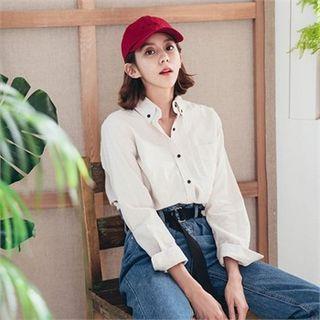 Contrast-button Plain Cotton Shirt