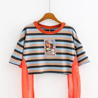 Ribbon Detail Striped Short-sleeve Cropped T-shirt