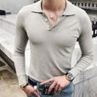 Plain Collared Knit Long-sleeve Top