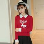 Reindeer Print Collared T-shirt