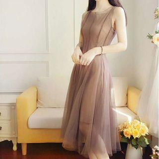 Set: Sleeveless A-line Midi Mesh Dress + Slipdress