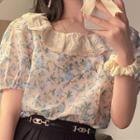 Collar Floral Puff Short Sleeve Crop Top