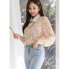 Lace-collar Floral Chiffon Blouse Pink & Yellow - One Size